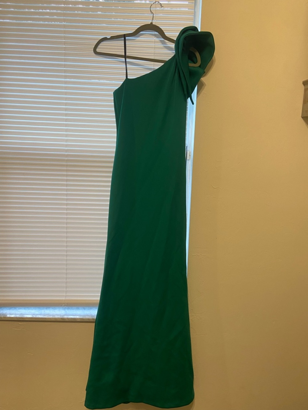 Betsy & Adam One-Shoulder Emerald Gown with Draped Shoulder